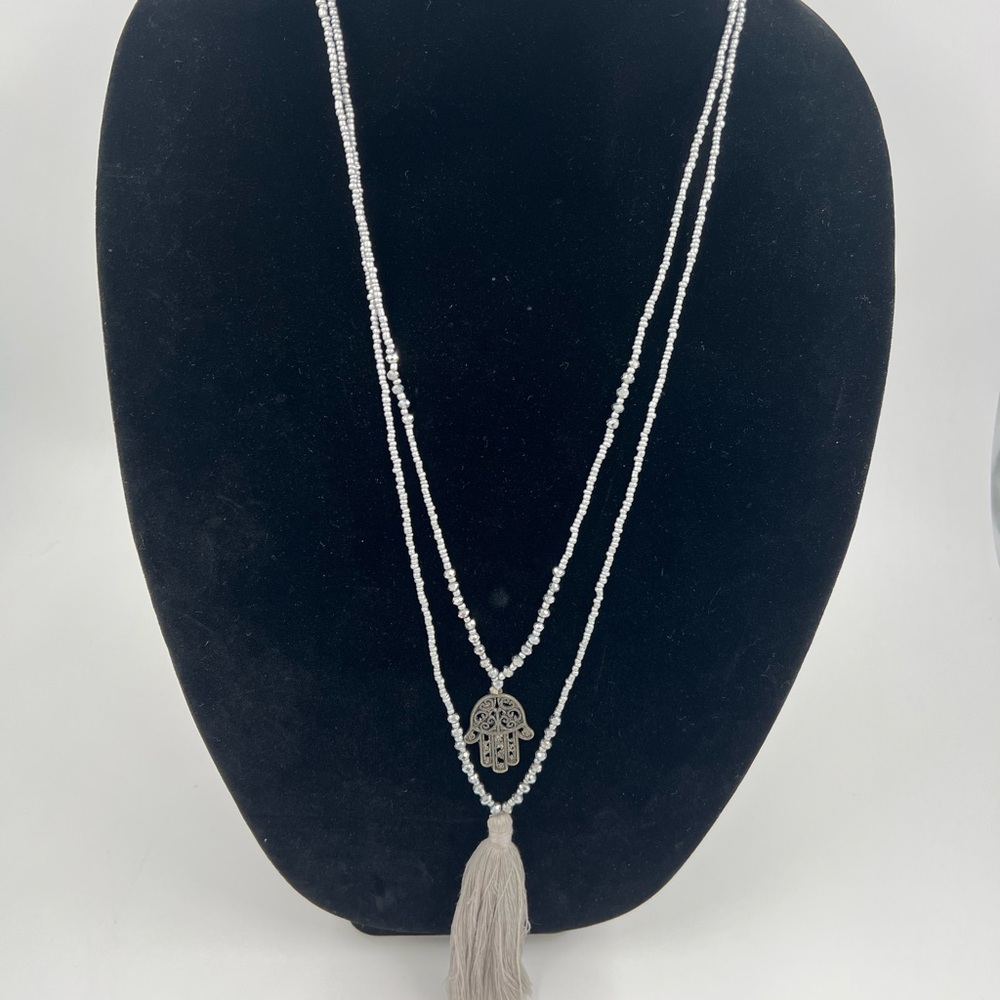 New Elegant Silver Beaded Necklace with Hamsa Hand of Fatima Pendant & Tassel
